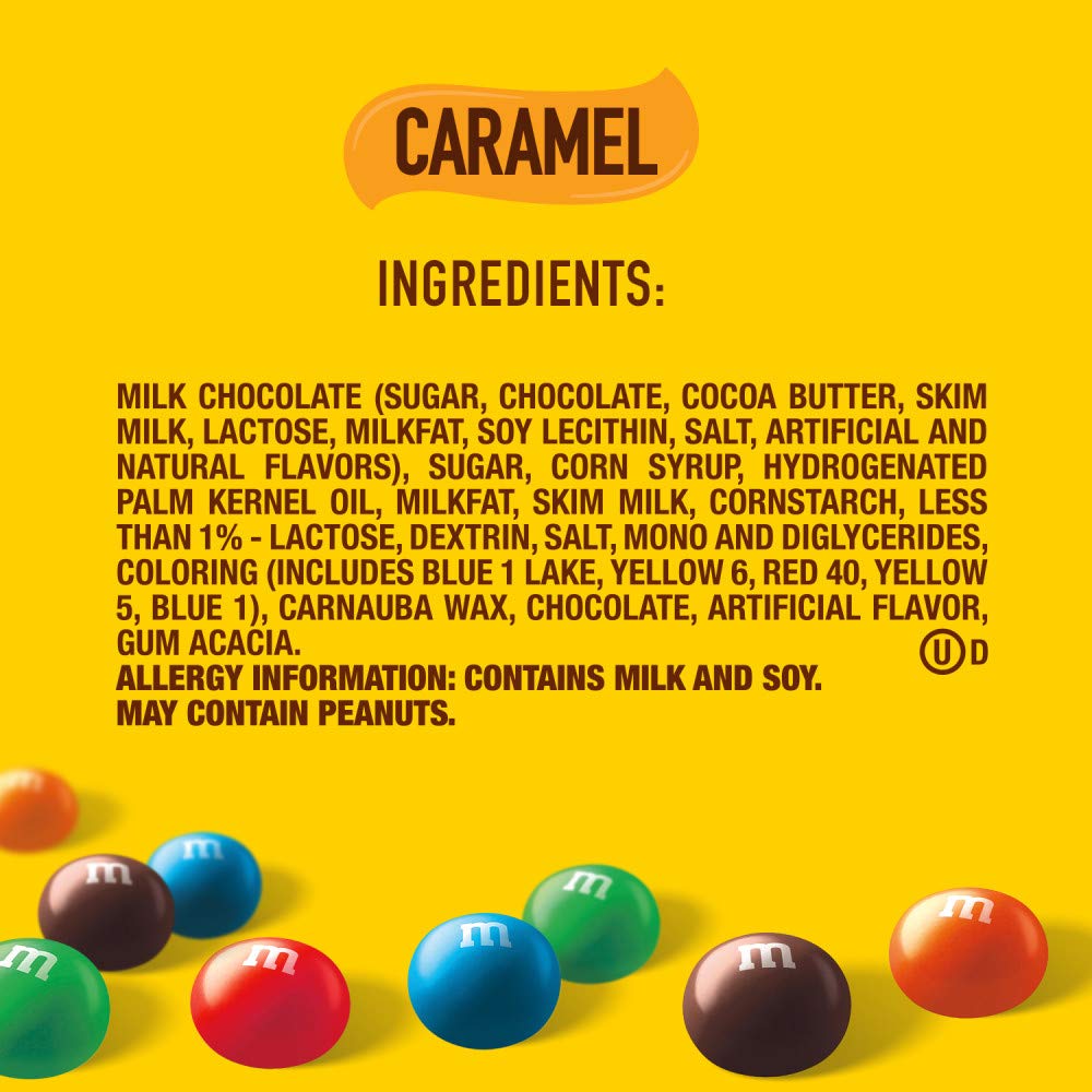 M&M's caramel nutrition label view clarifying ingredients and dietary info