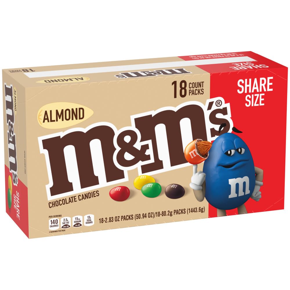M&M's front packaging box showing 18 pouches and colorful shells as convenient bulk snack