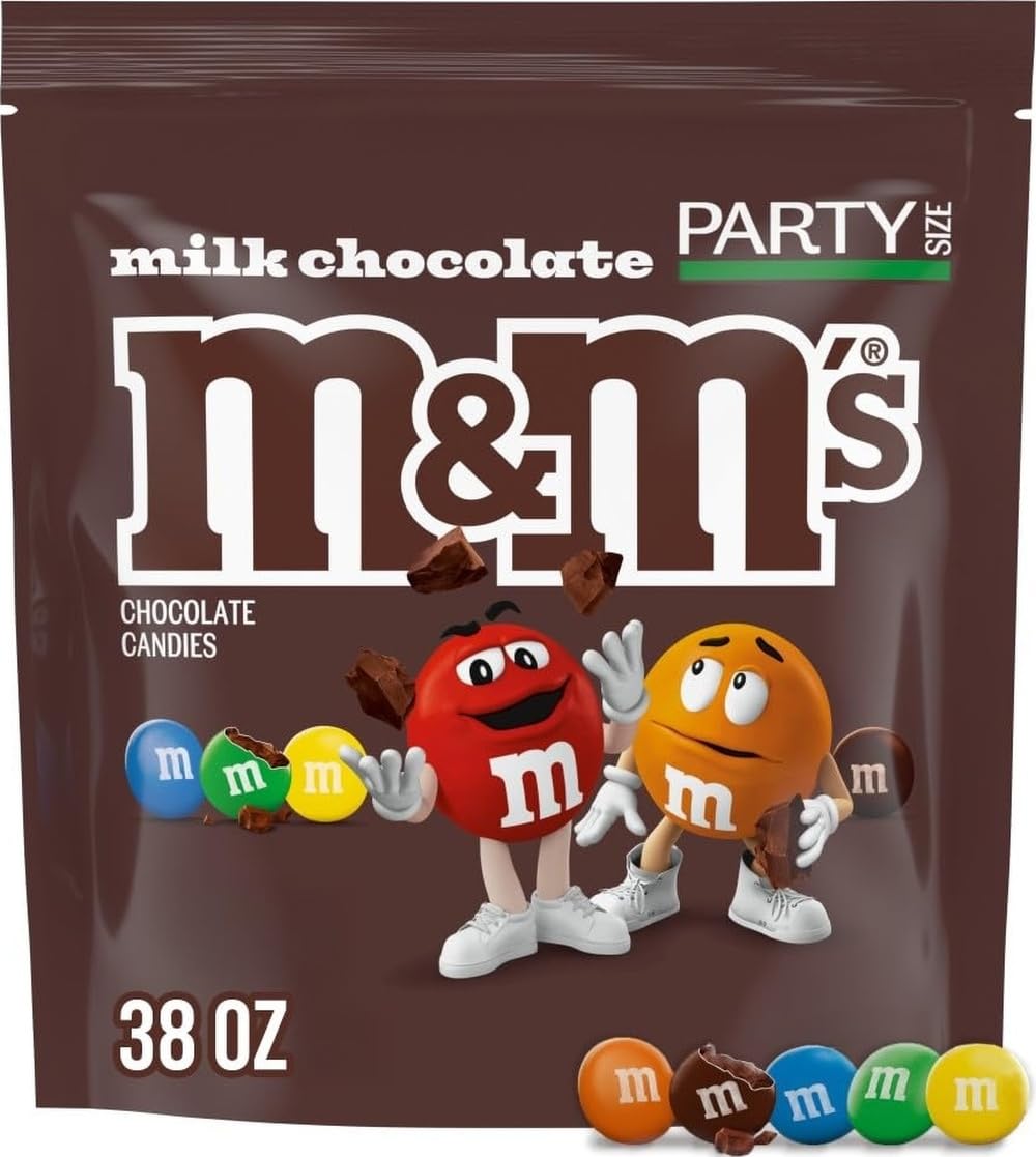 M&M's front packaging shows 38 oz party-size bag for easy sharing