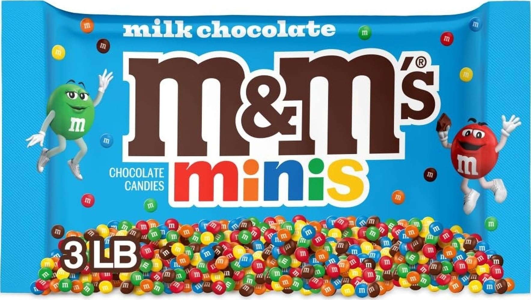 M&M's front packaging showing 3 lb bag and bright colors, convenience for baking