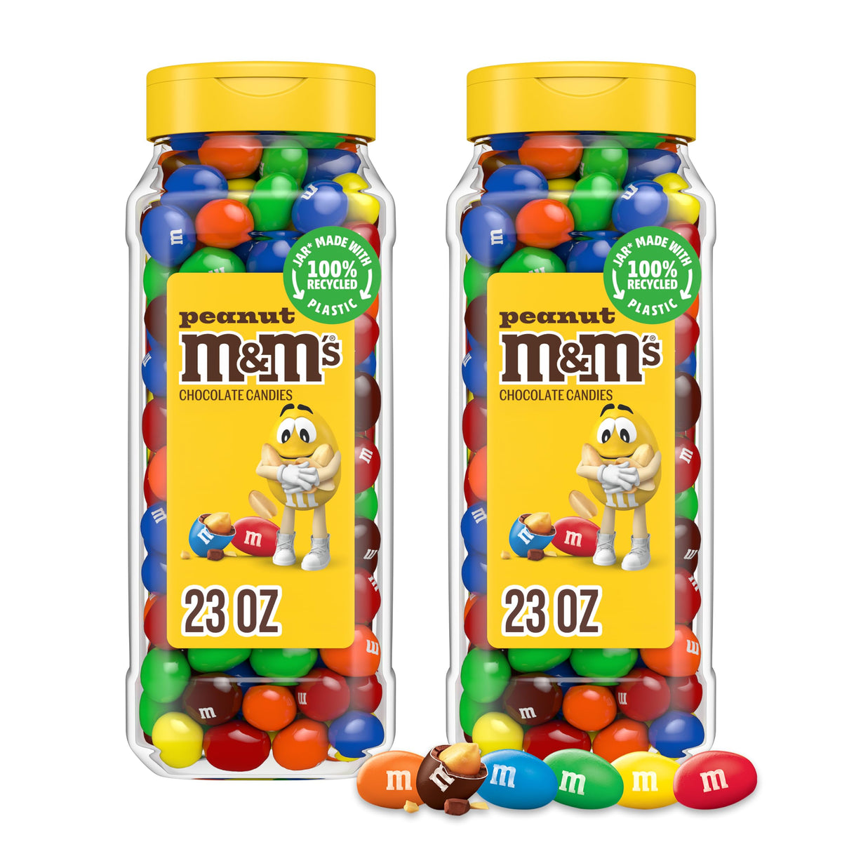 M&M's peanut front packaging showing two resealable jars and bright shells for easy serving