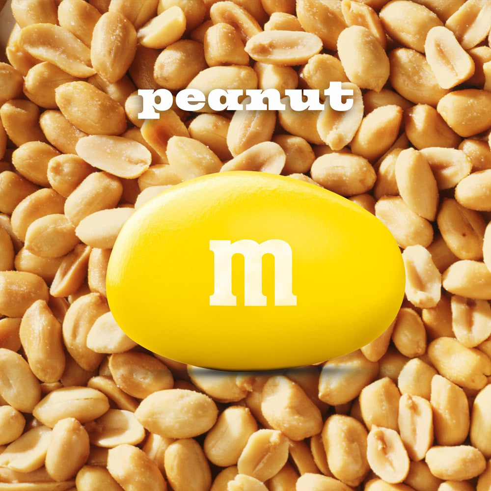 M&M's peanut jar open and pouring into bowl illustrating convenient resealable use