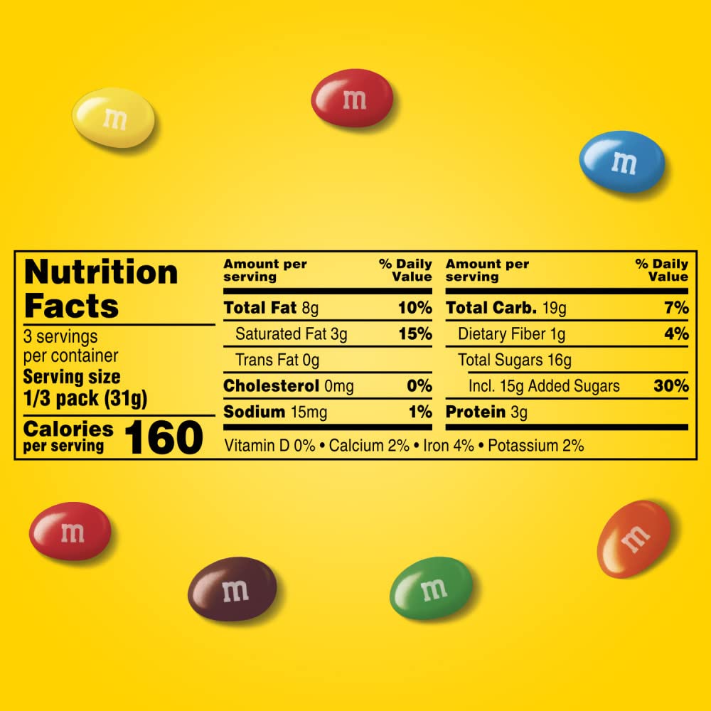 M&M'S label and nutrition panel showing ingredients and allergen information