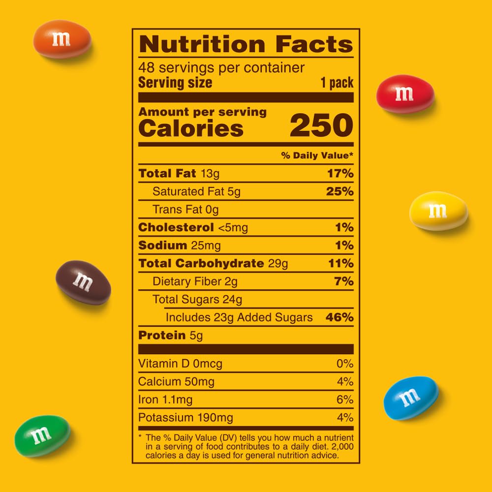 M&M'S nutrition and ingredient label detail, provides ingredient transparency