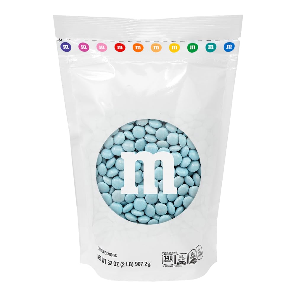 M&M'S WORLD front packaging showing 2 lb resealable bag and light blue candies