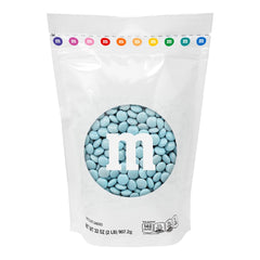 M&M'S WORLD front packaging showing 2 lb resealable bag and light blue candies