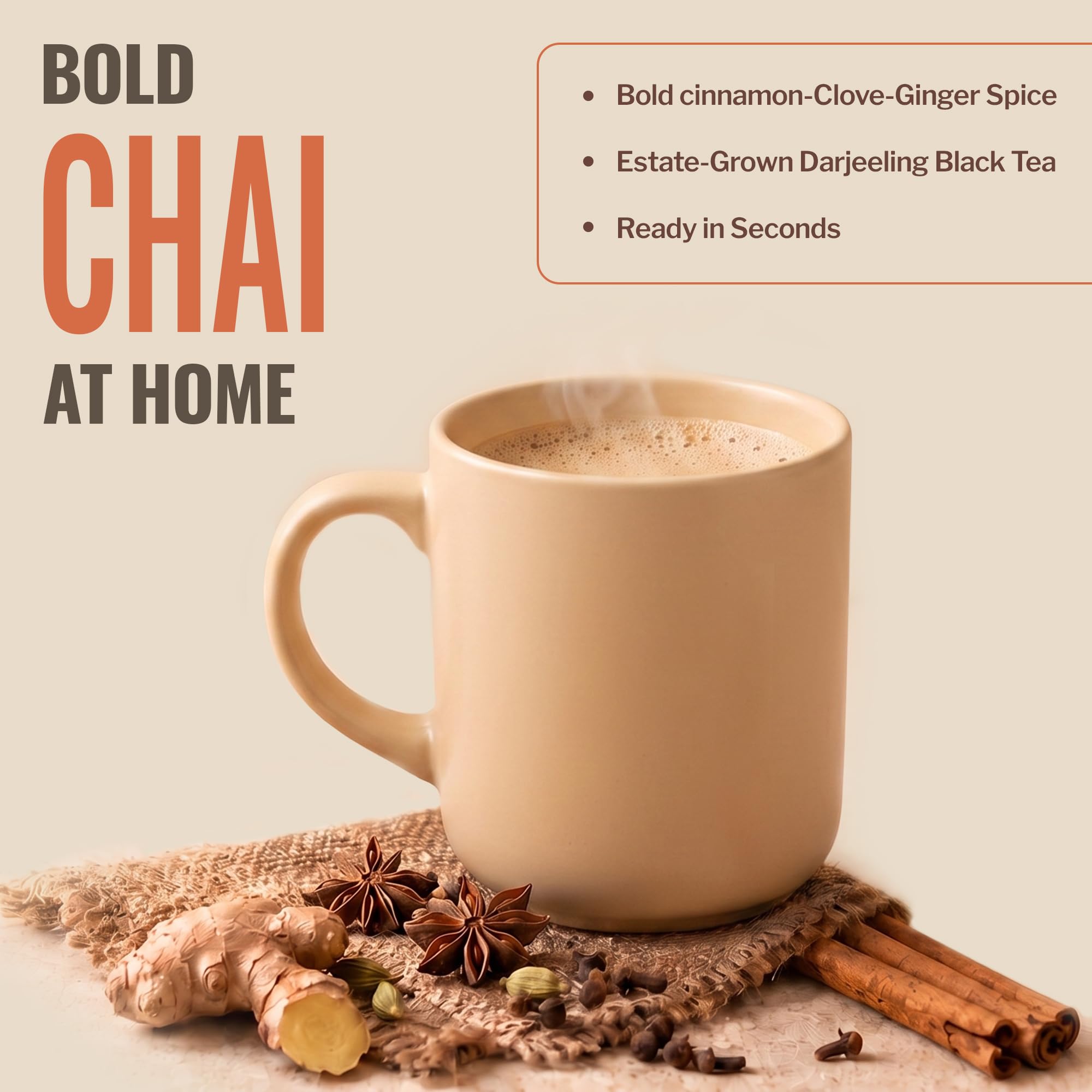 MOCAFÉ close-up of powdered chai texture highlighting fine mix and easy dissolving benefit