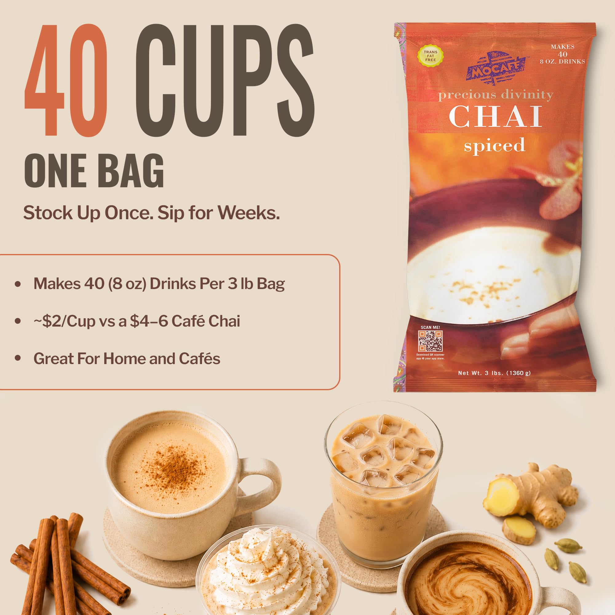 MOCAFÉ iced chai poured over ice in glass showcasing refreshingly chilled café-style beverage