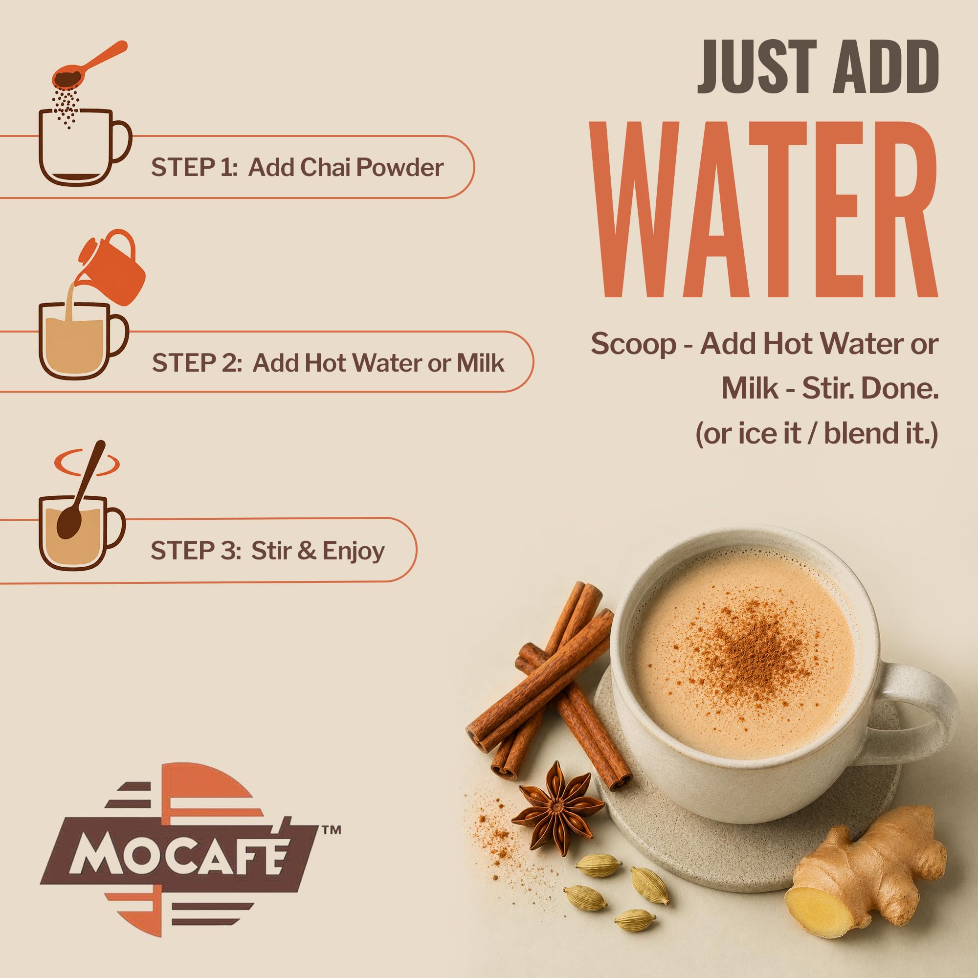 MOCAFÉ prepared hot chai latte in mug showing creamy foam and aromatic spices for cozy enjoyment