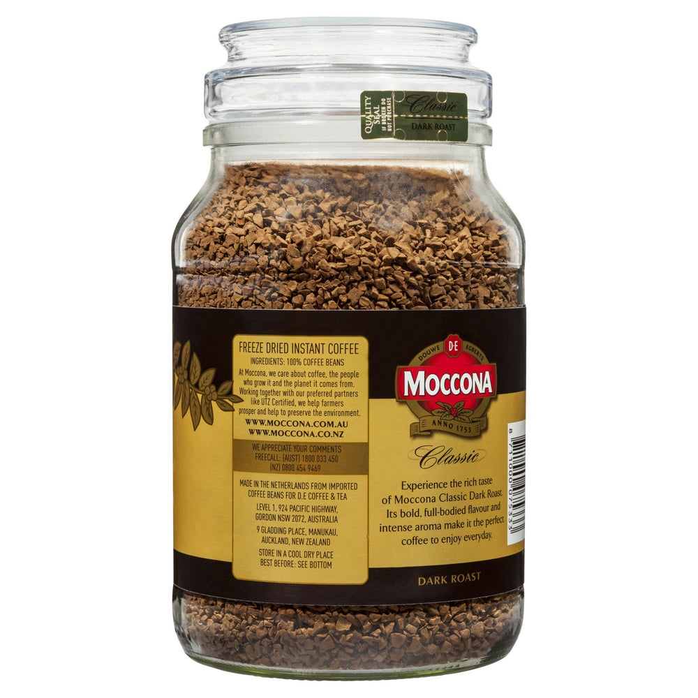Close-up of Moccona dark roast granules, illustrating rich texture and aroma
