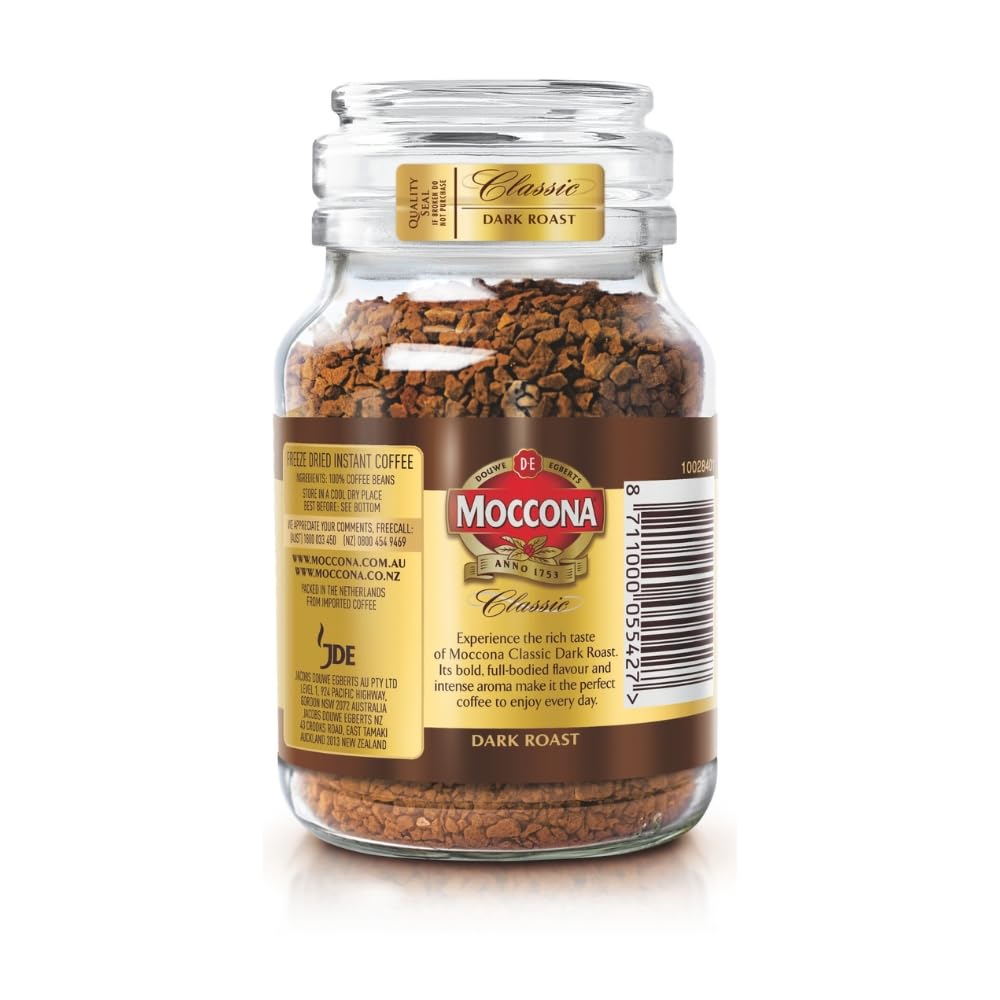 Close-up of Moccona freeze-dried granules showing rich texture and quick dissolve