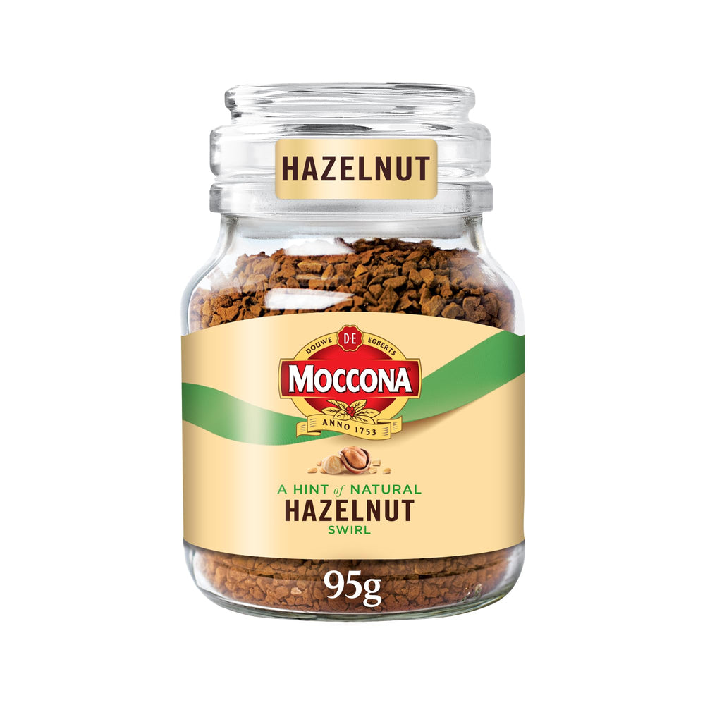 Moccona hazelnut front packaging showing rich instant coffee jar, convenient premium flavor