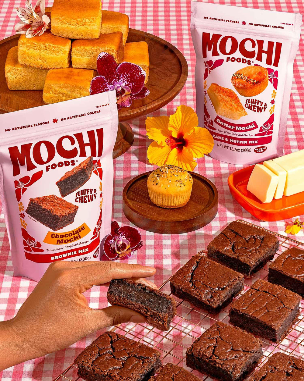 Plated Mochi Foods brownies emphasizing rich chocolate enjoyment benefit