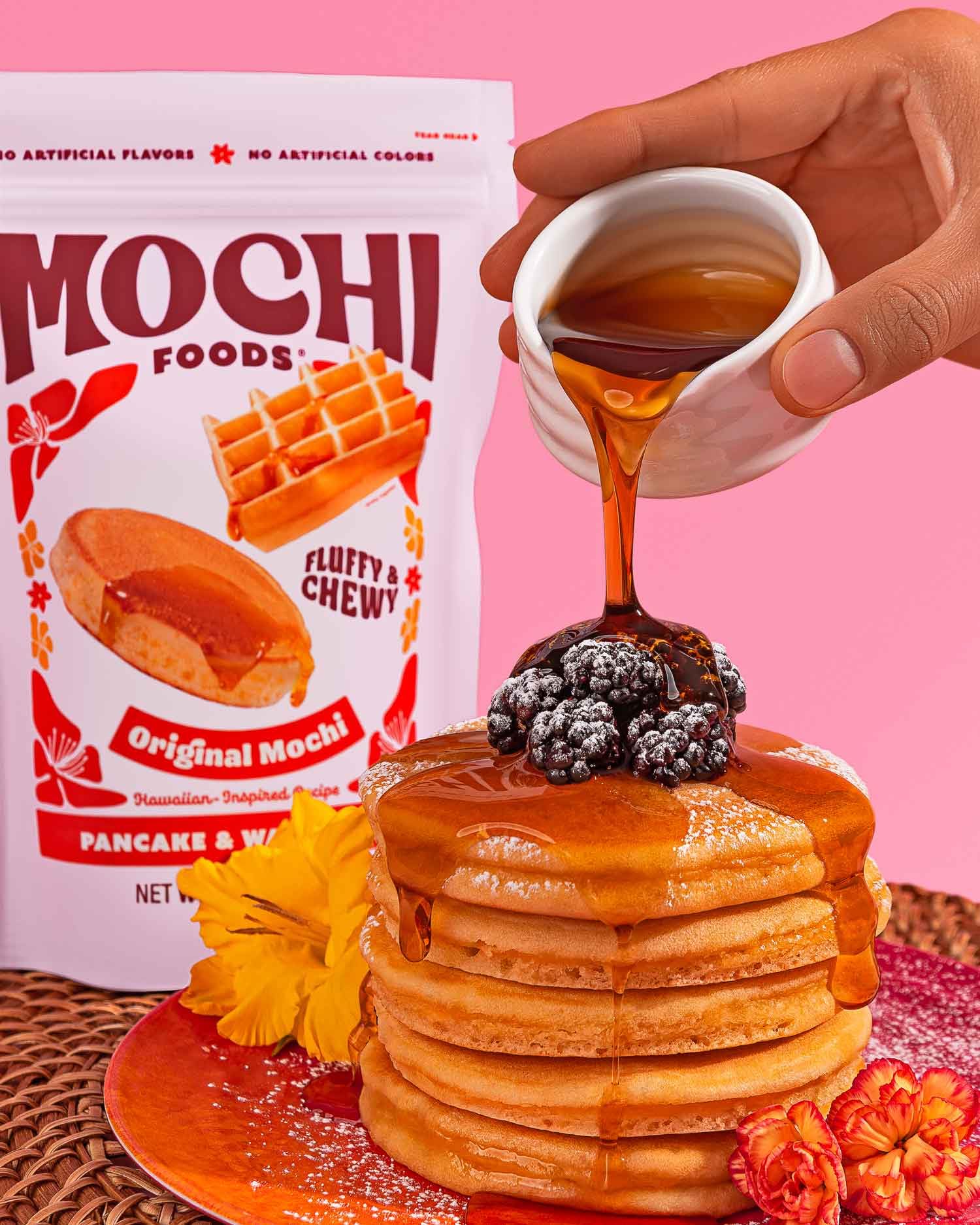 Mochi Foods pancake stack golden brown demonstrating fluffy chewy bite