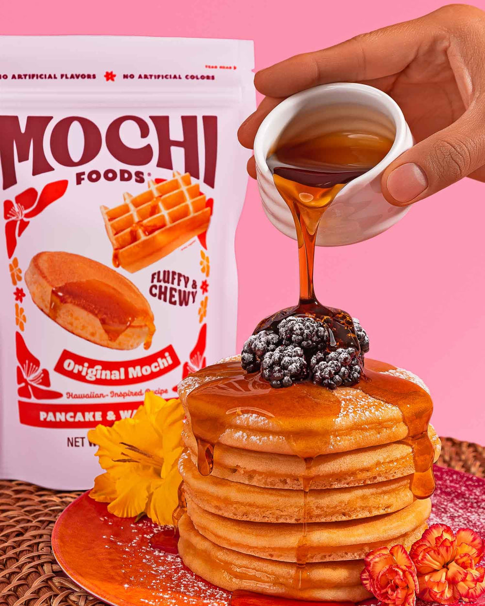 Mochi Foods pancake stack golden brown demonstrating fluffy chewy bite