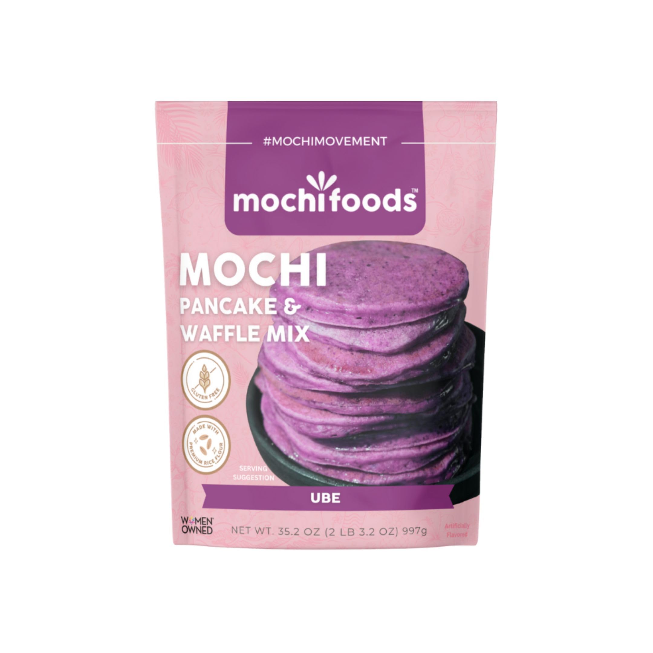 Mochi Foods front packaging showing ube mix and vibrant purple color benefit: clear product identity