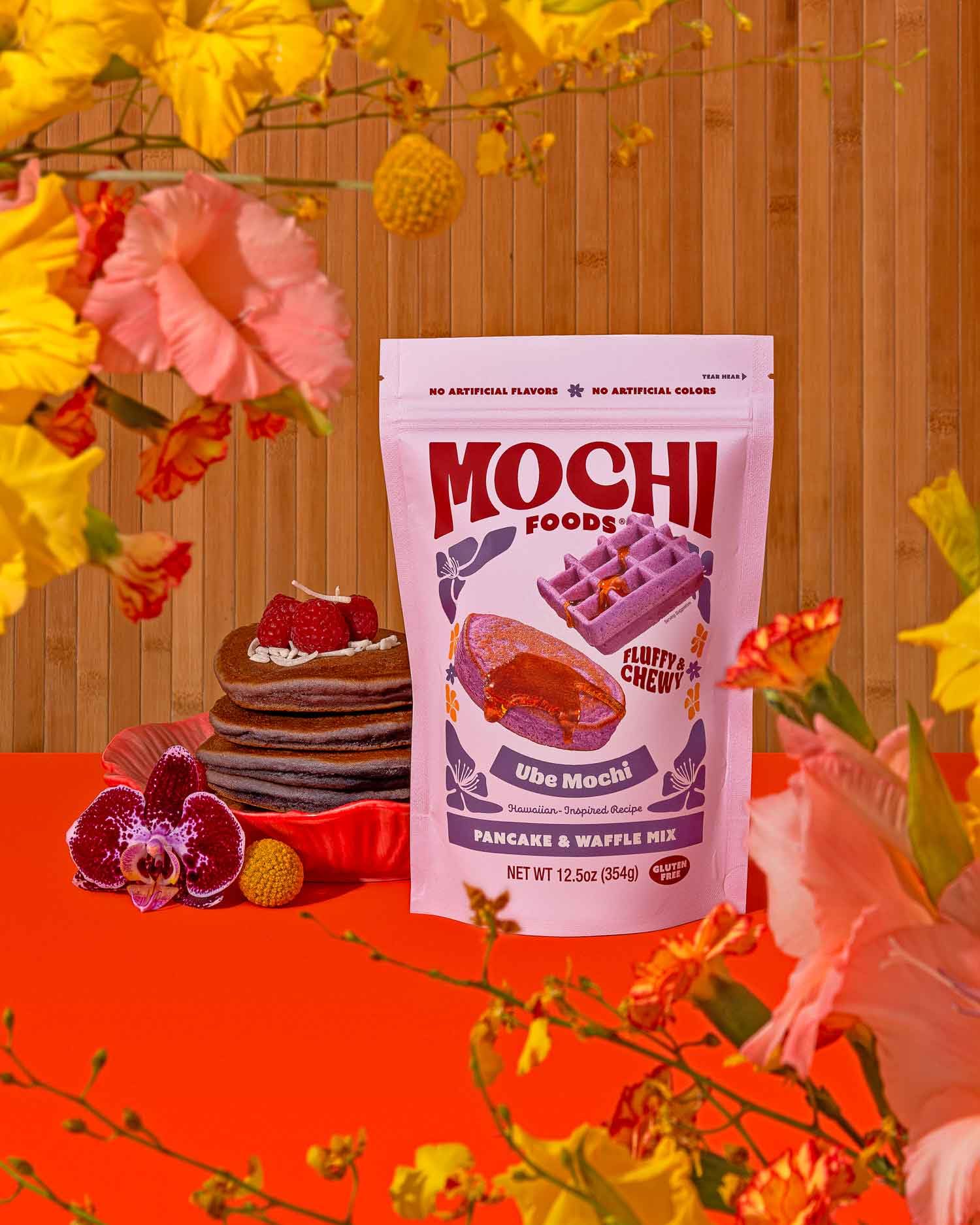 Mochi Foods pancake stack top view highlighting fluffy chewy texture
