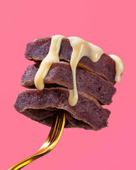 Mochi Foods waffle cooking on iron producing golden purple waffle benefit