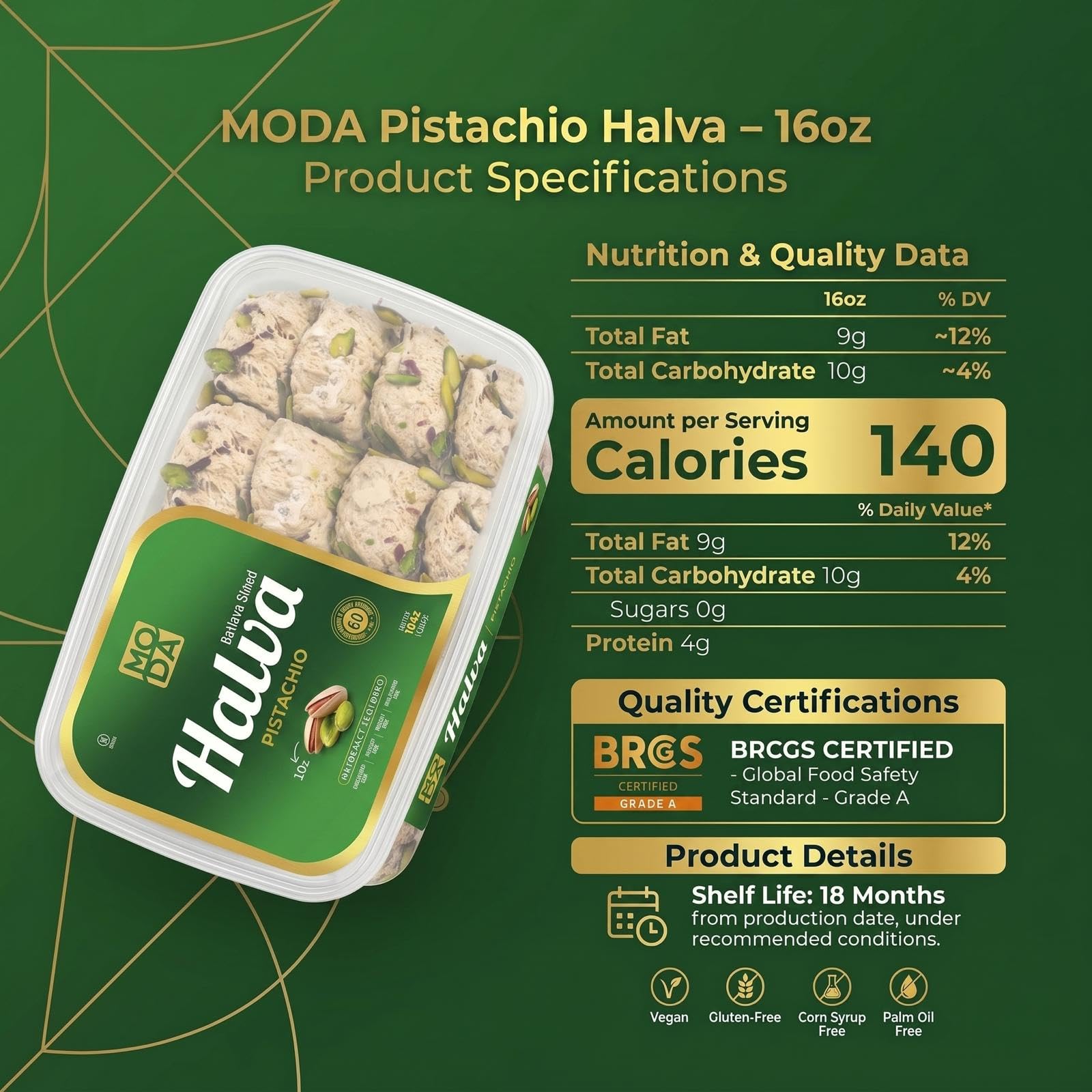 Moda Foods halva ingredients label view highlights kosher, vegan, gluten-free claims