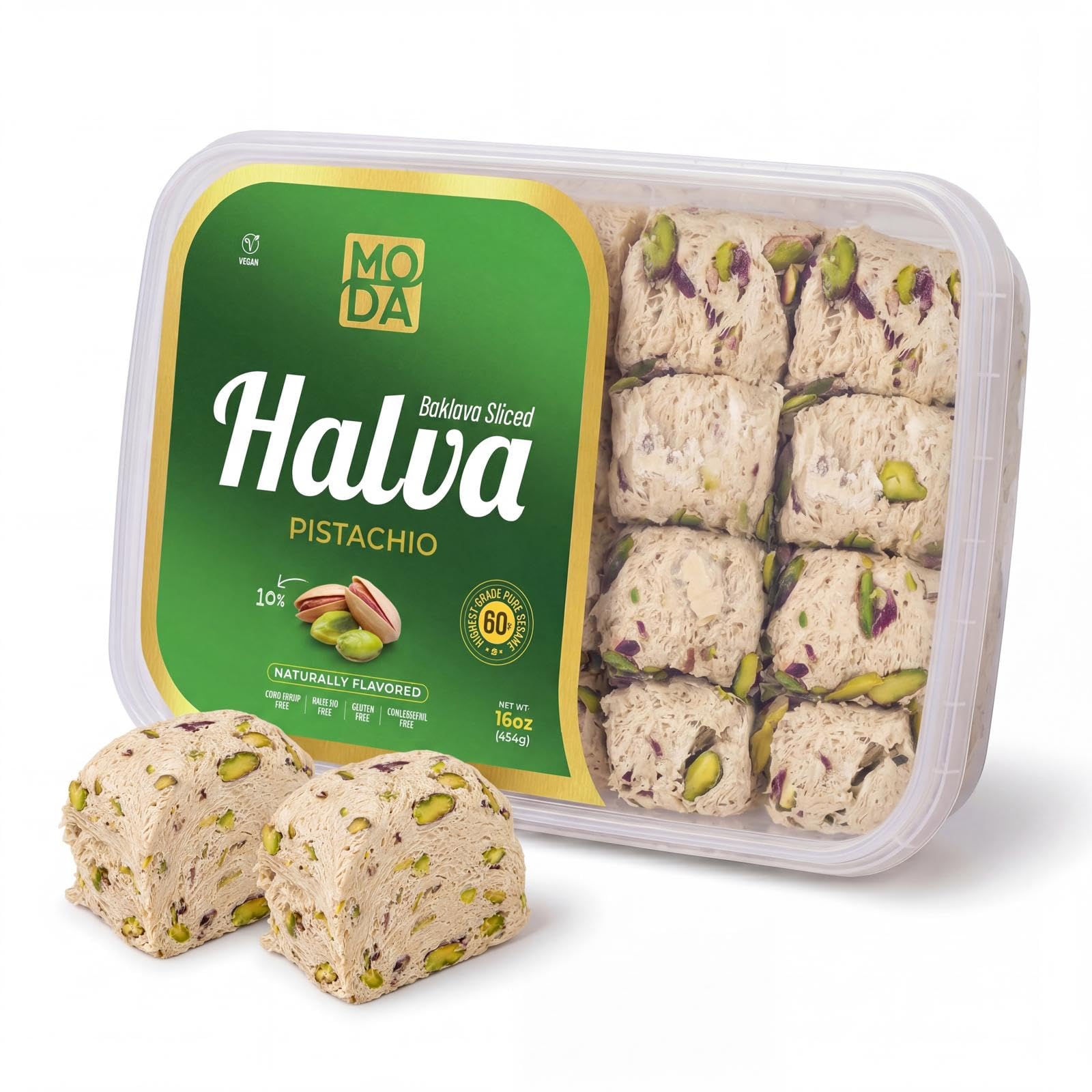 Moda Foods halva pistachio front packaging shows product and benefits