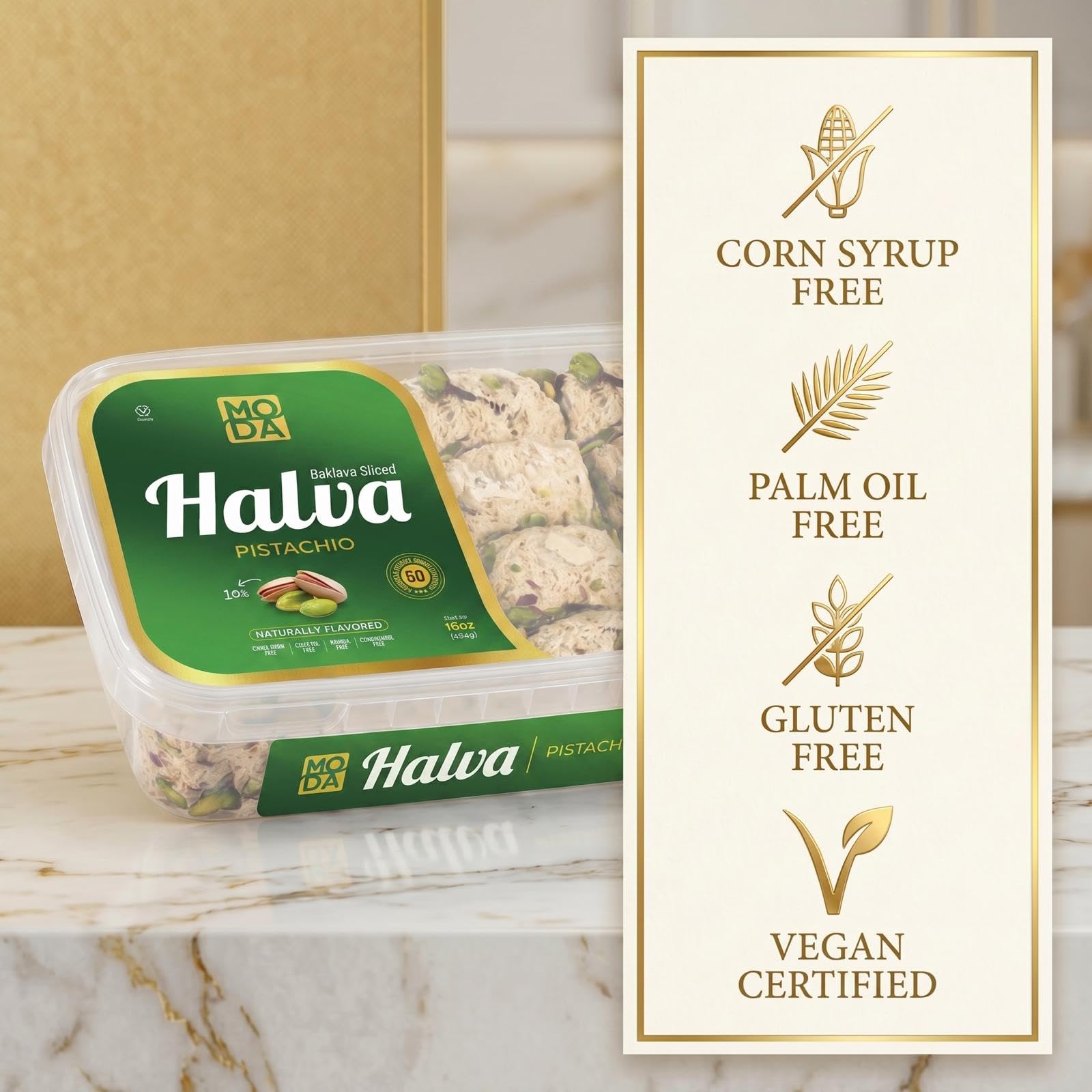 Moda Foods halva size and scale comparison shows package dimensions and serving count
