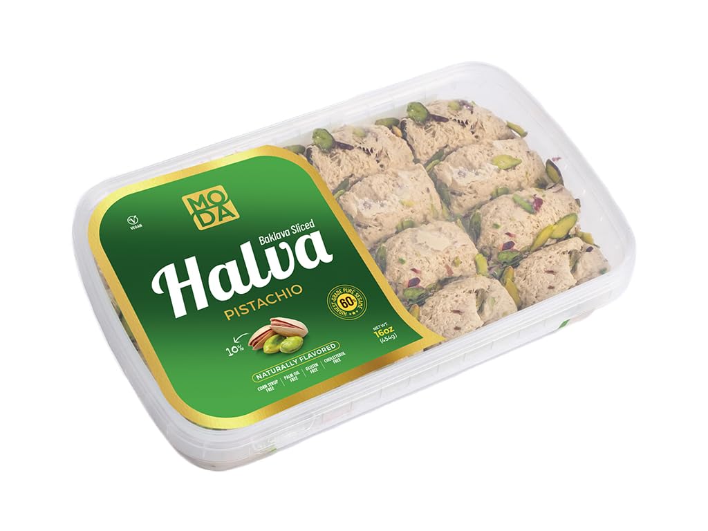 Moda Foods halva sliced portion close-up reveals flaky texture and convenience