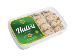 Moda Foods halva sliced portion close-up reveals flaky texture and convenience