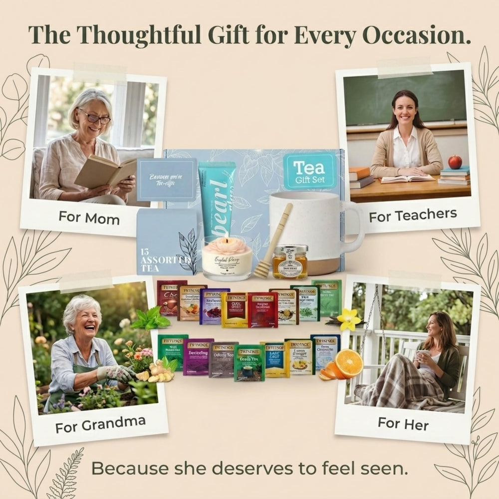 Modern Elegance gift box opened to reveal neatly arranged teas and accessories