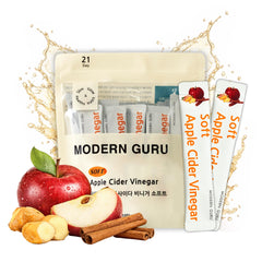 MODERN GURU front packaging showing 21 travel ACV packets and branding benefits