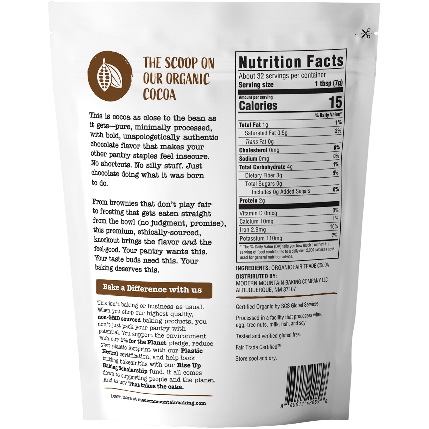 MODERN MOUNTAIN close-up of fine cocoa powder texture, ensures even mixing benefit
