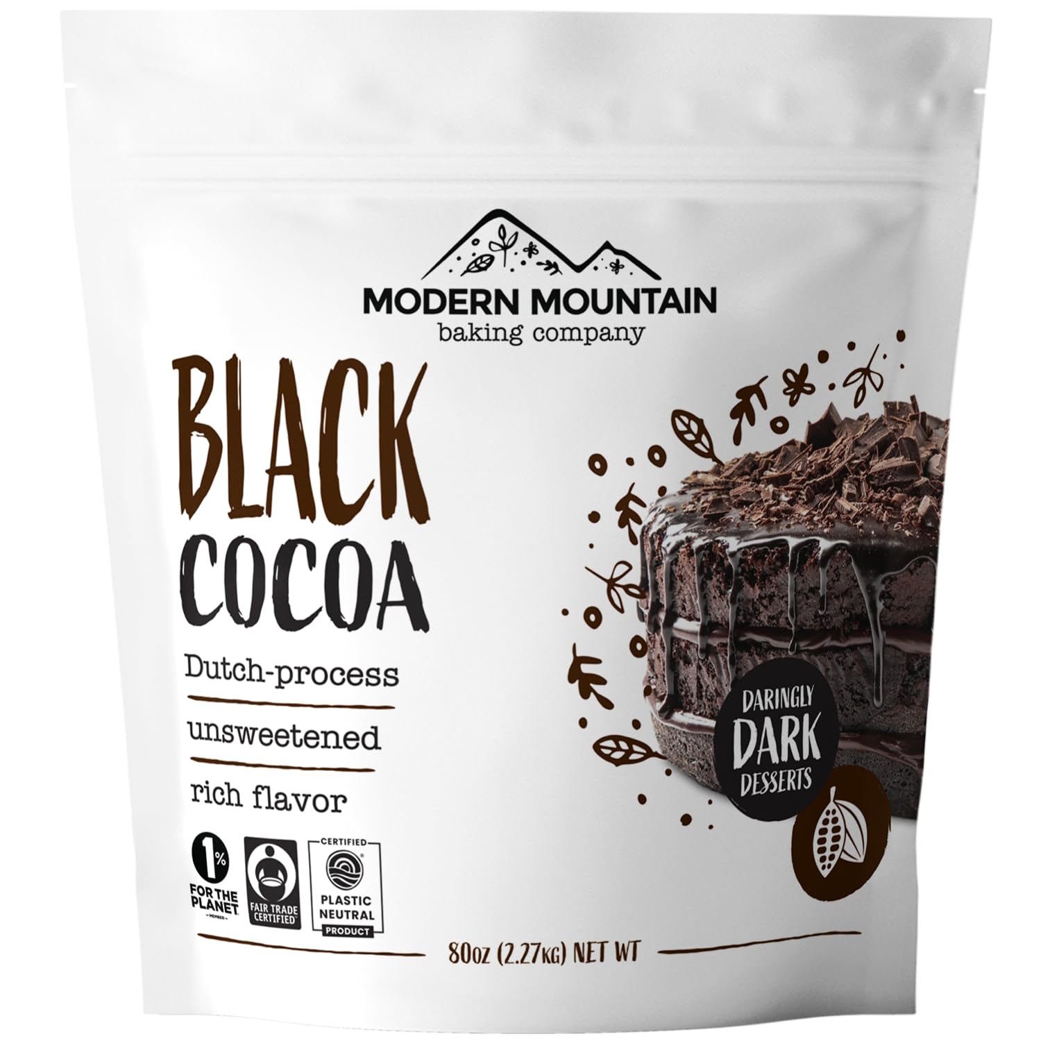 MODERN MOUNTAIN front pouch showing 5 lb bag and label benefits