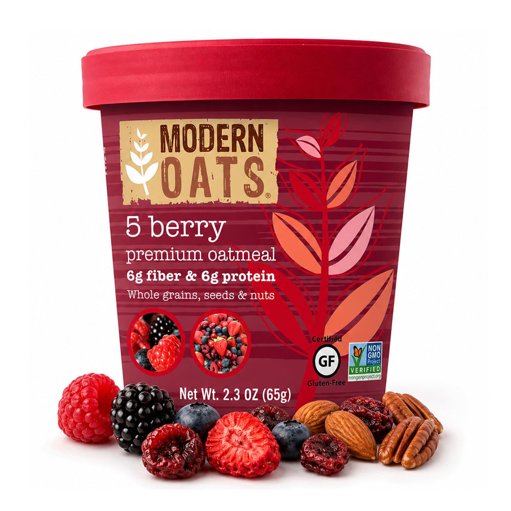 Modern Oats front packaging showing 5-berry oatmeal and benefits