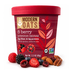 Modern Oats front packaging showing 5-berry oatmeal and benefits