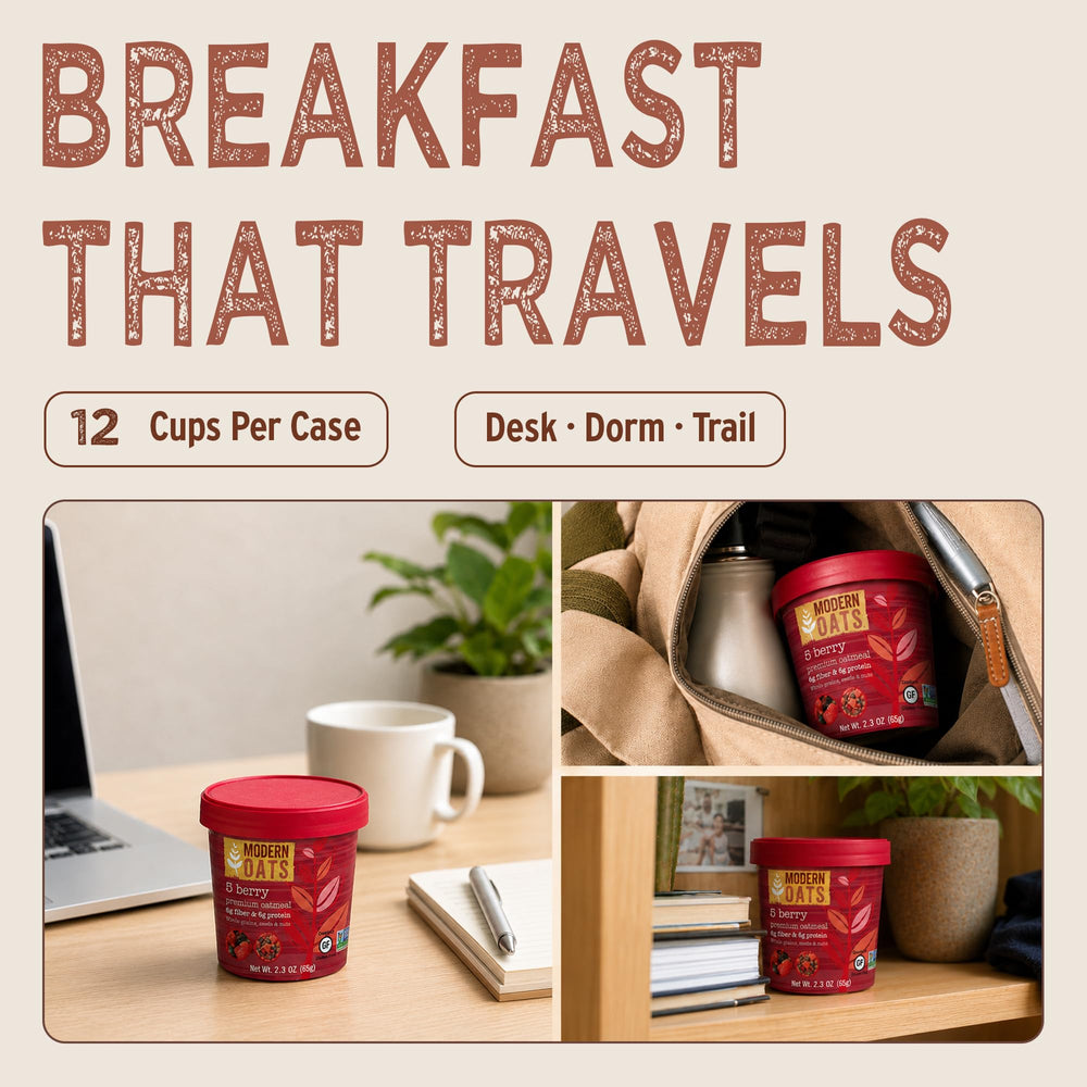 Modern Oats cup in hand to display 2.3oz size and portion convenience