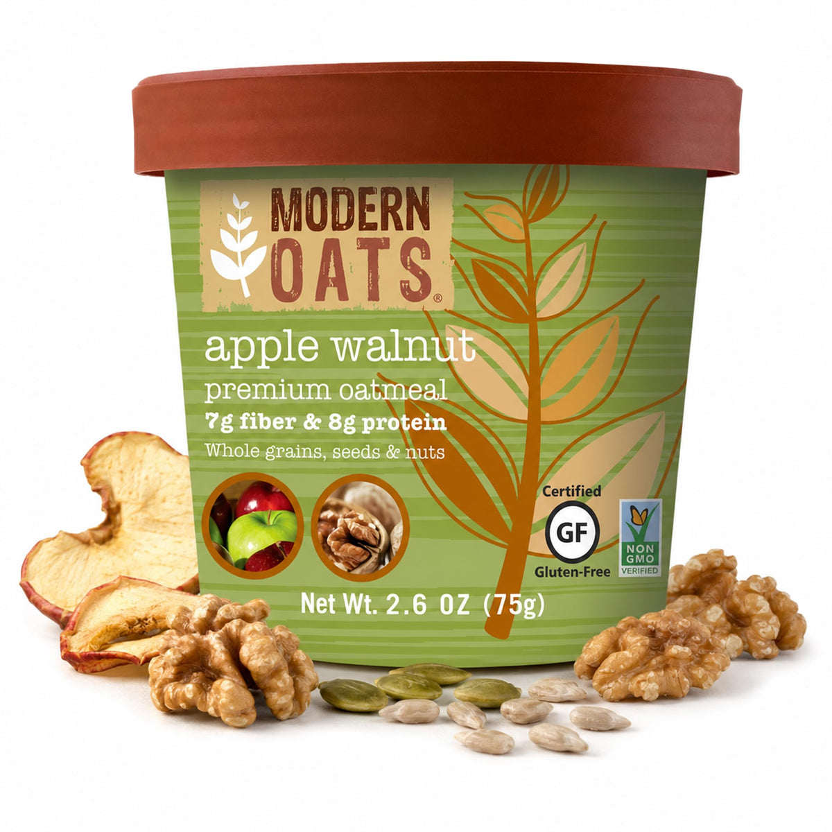 Modern Oats front packaging showing pack of apple walnut oatmeal cups for pantry convenience