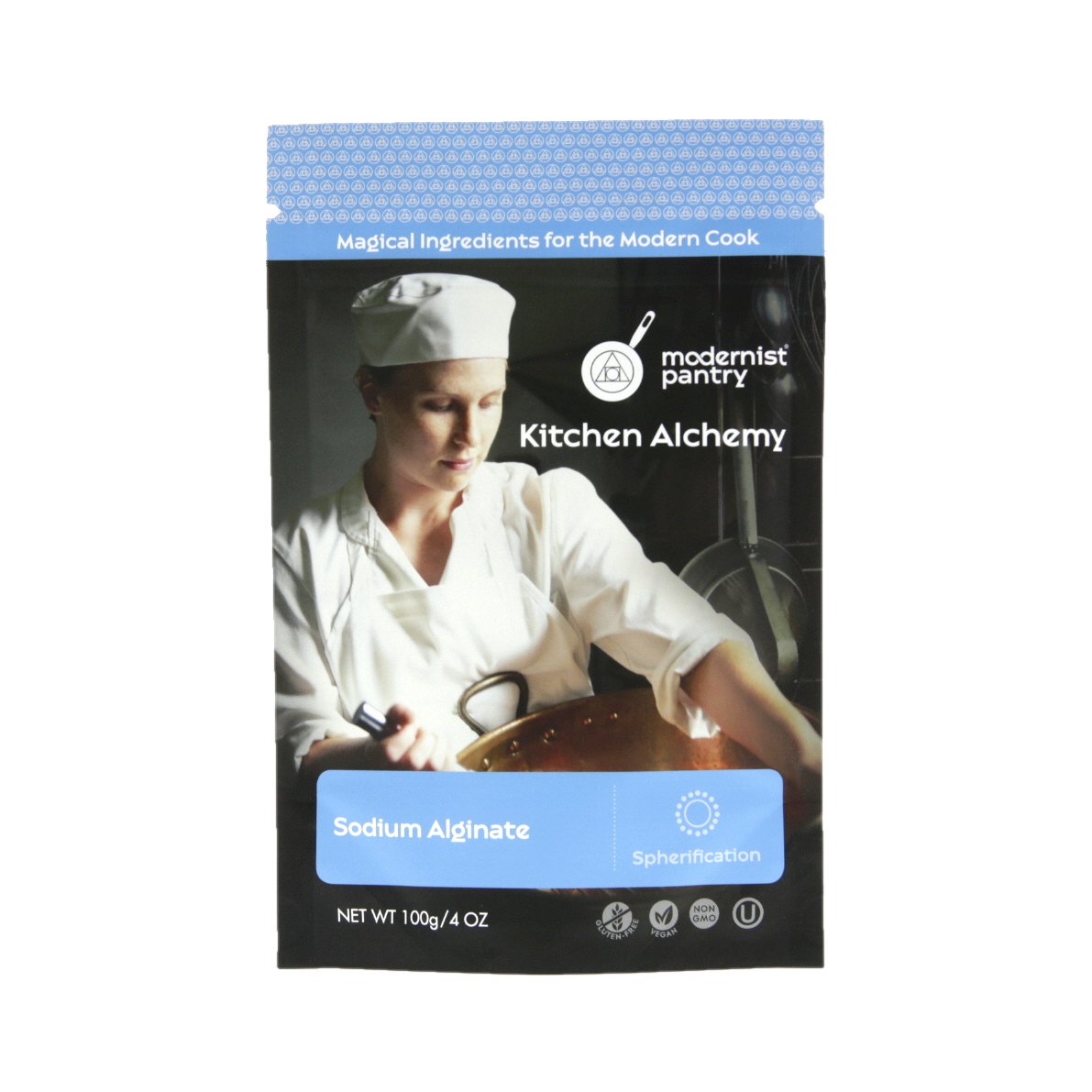 Modernist Pantry pouch front view showing product and net weight, clear labeling benefit
