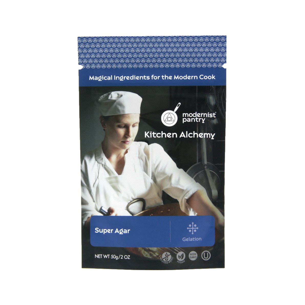 Modernist Pantry front packaging showing 50g pouch and product labeling benefit: trusted certification
