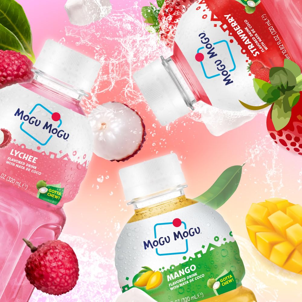 Mogu Mogu three flavors together showing lychee strawberry mango appeal