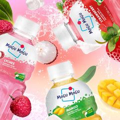 Mogu Mogu three flavors together showing lychee strawberry mango appeal
