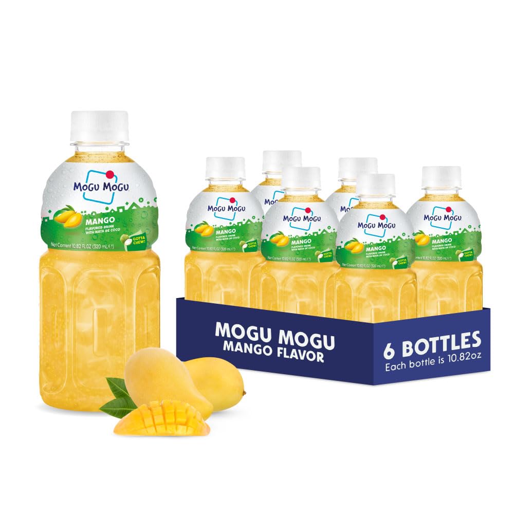 Mogu Mogu front packaging showing six mango bottles and colorful branding benefit: easy grab-and-go