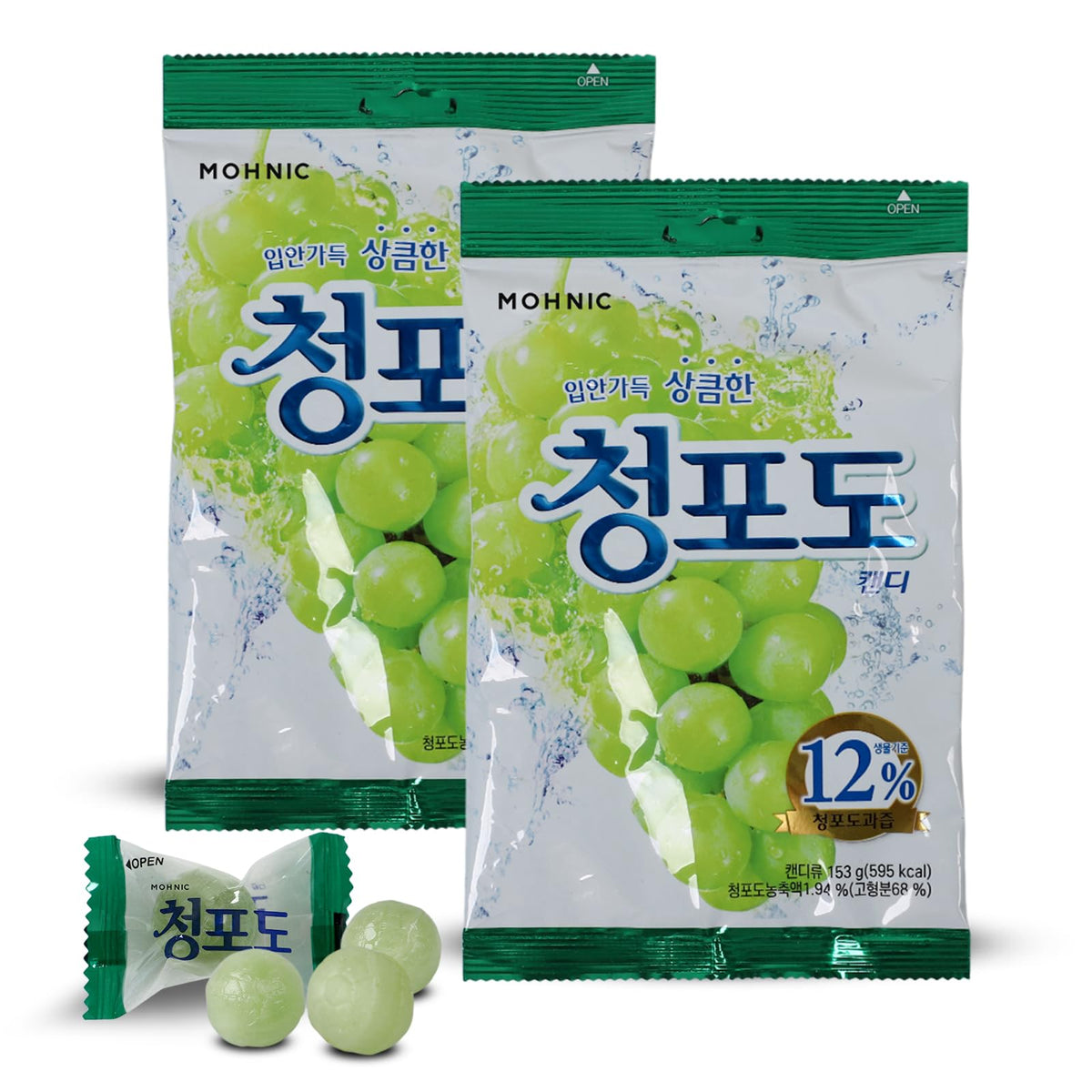 MOHNIC front packaging showing two 5.4oz bags and bright green grape branding, easy identification