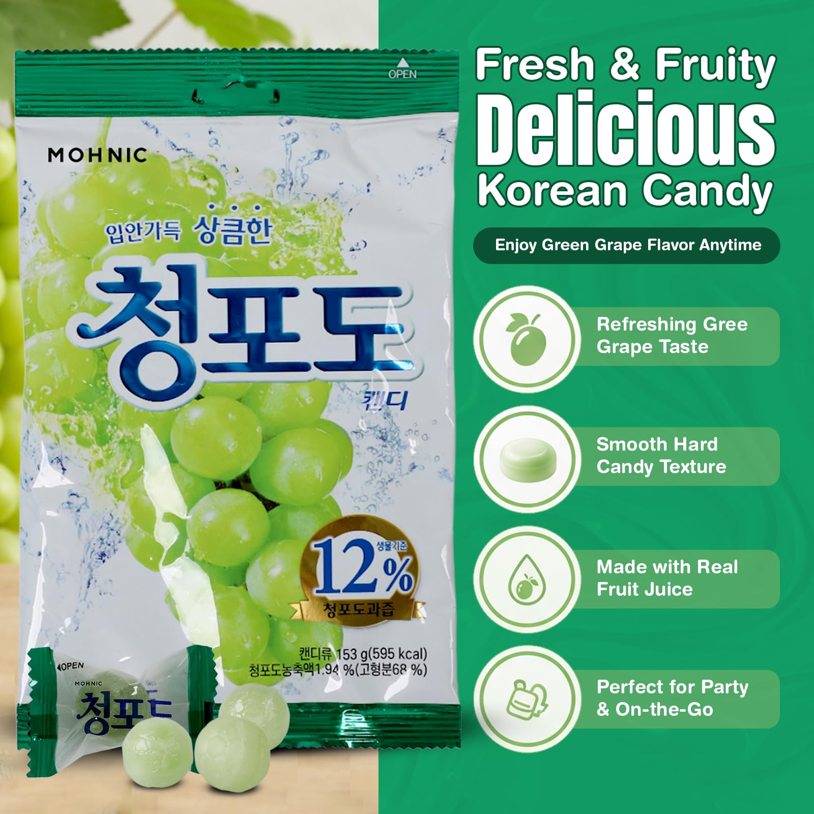 MOHNIC individually wrapped green grape candy piece ready for hygienic sharing and travel convenience