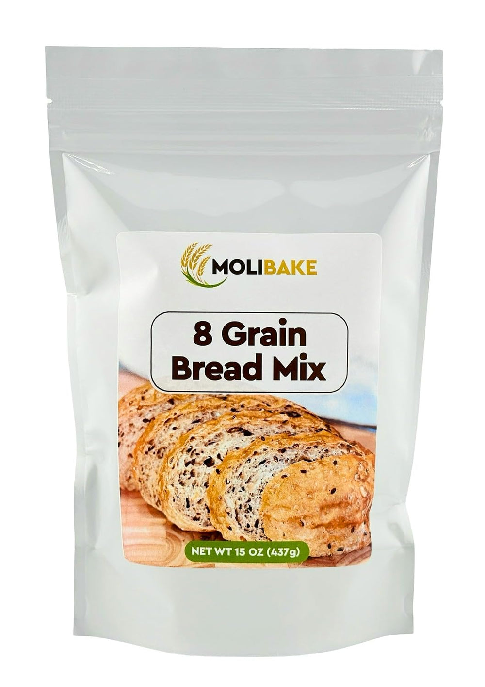 Molibake front packaging shows 8 Grain mix and quick bake benefit