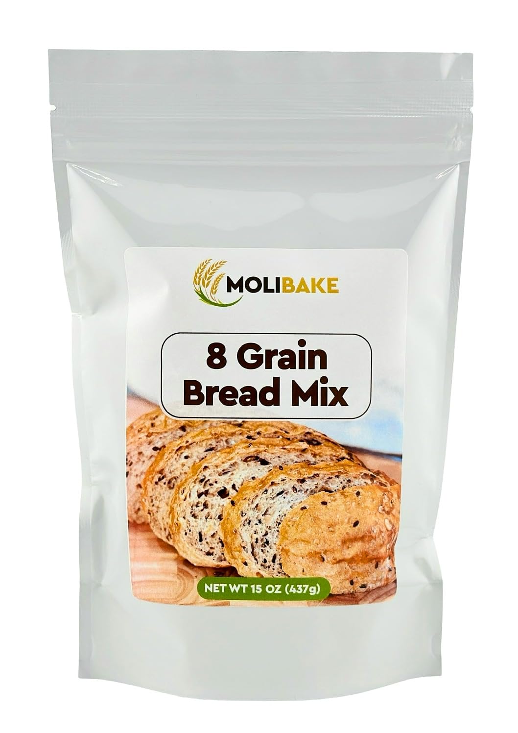 Molibake front packaging shows 8 Grain mix and quick bake benefit
