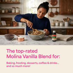 Molina close-up of label and cap highlighting ingredient blend and easy-pour cap