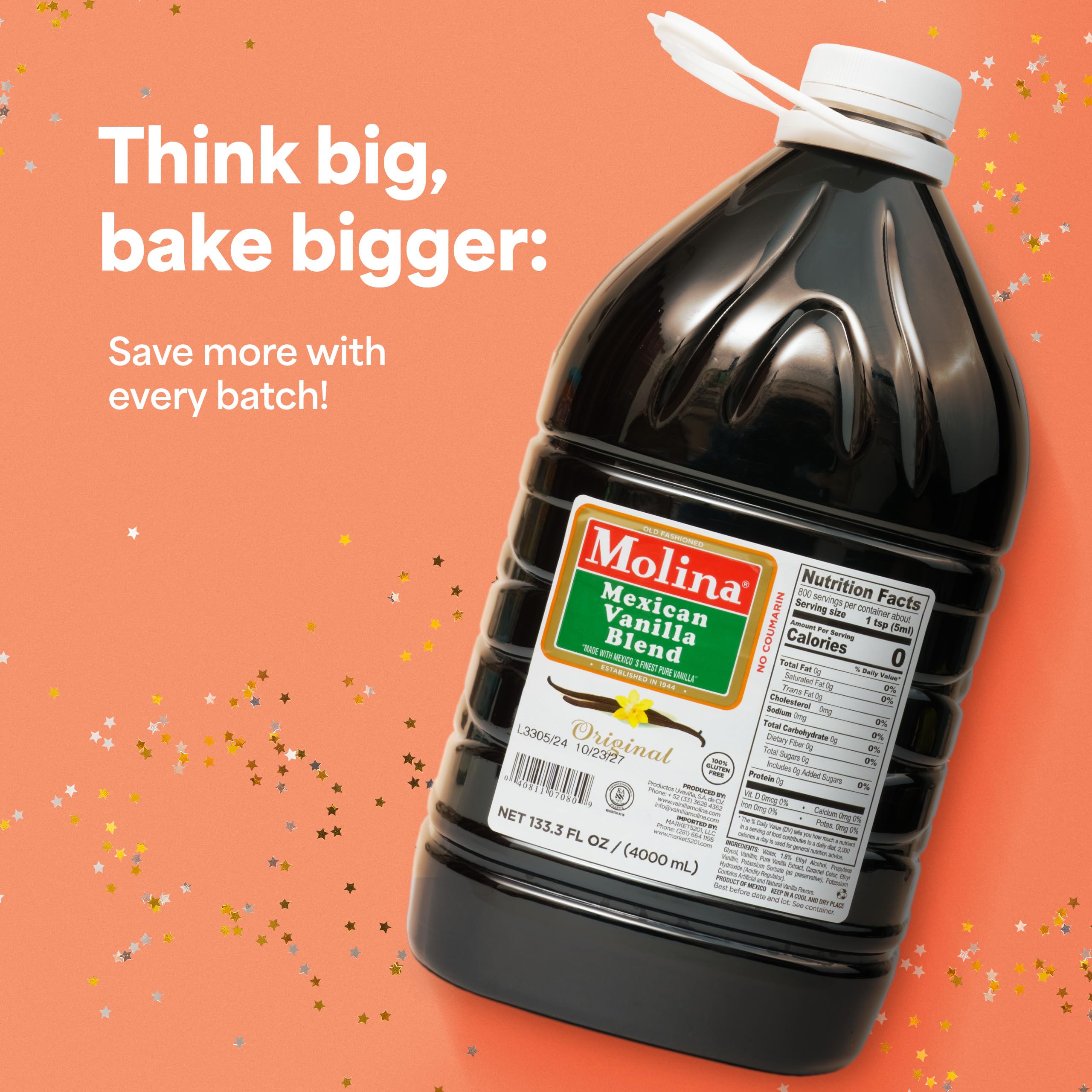 Molina vanilla jug on bakery counter with pastries showing reliable flavor in baking
