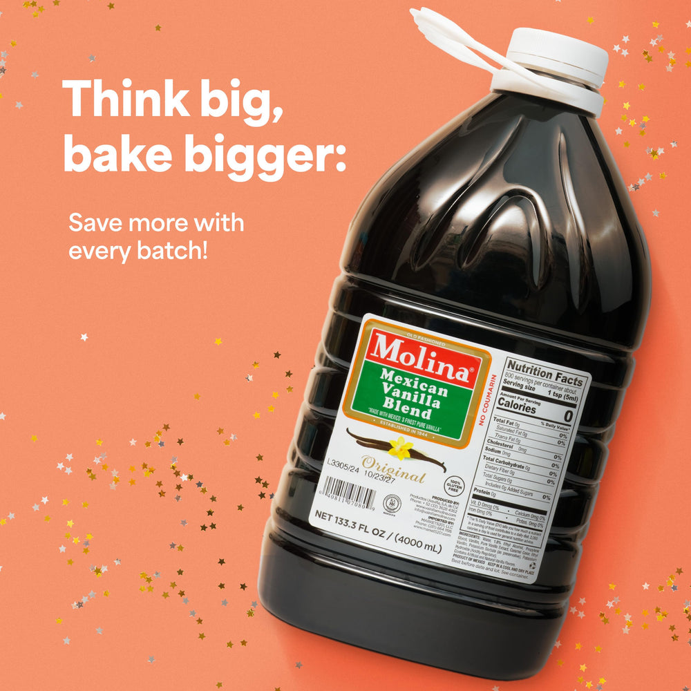 Molina vanilla jug on bakery counter with pastries showing reliable flavor in baking