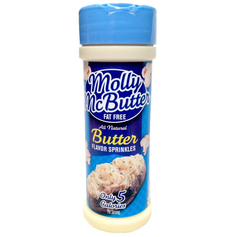 Molly McButter front shaker showing label and easy butter-flavor benefit