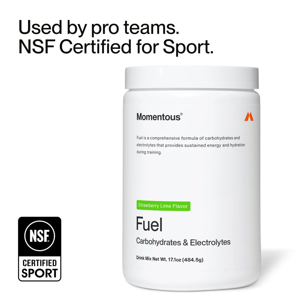 Momentous Fuel nutrition label detail, 120 calories per serving for training clarity