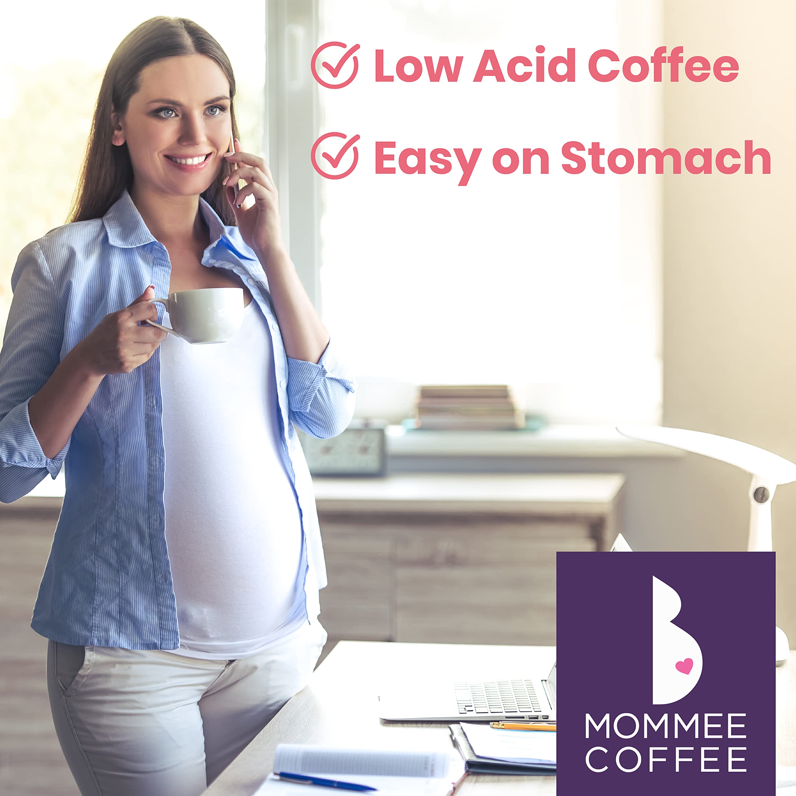 Mommee Coffee open bag with scoop, illustrating convenient ground format